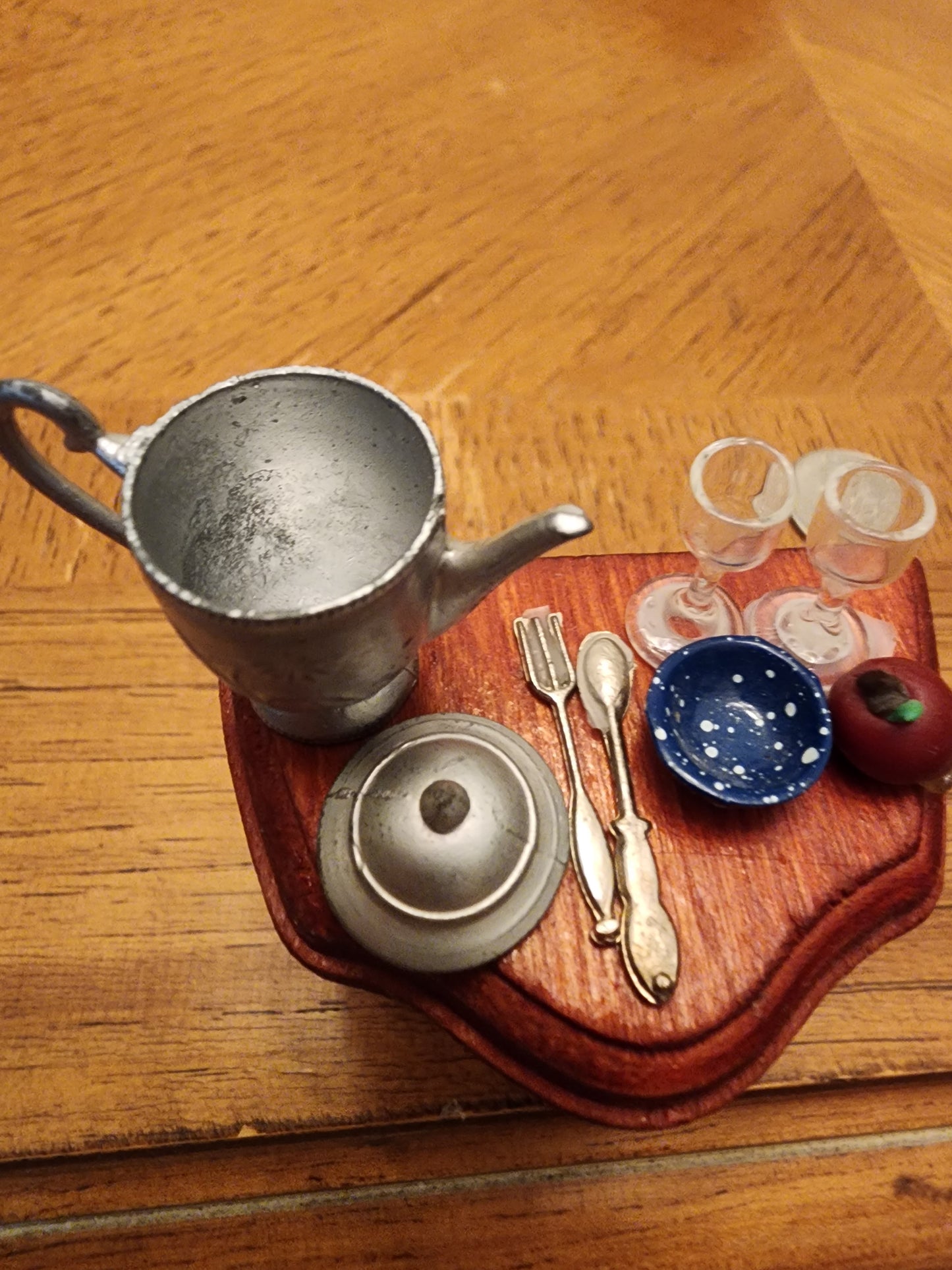 Vintage Wooden Side Table & metal tea pot wine glasses and more for dollhouse
