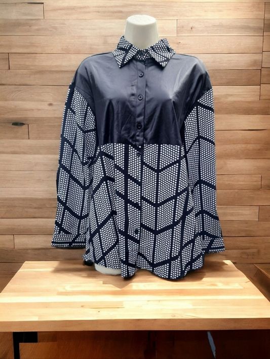 Women's Button DOWN bĺouse Faux leather top part white dots