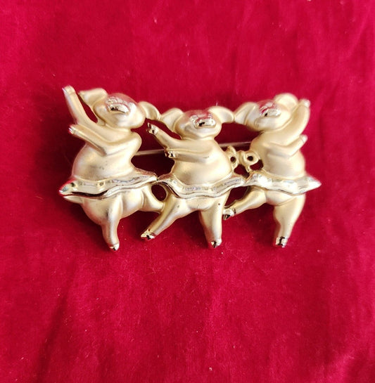 Whimsical Dancing Pigs Pin! This charming gold-tone brooch