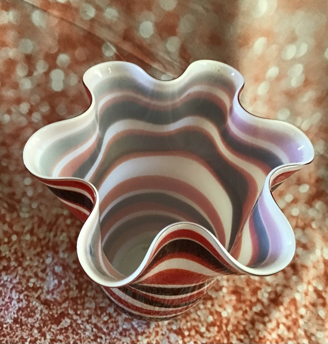 Art Glass Candy striped with black Ruffled Vase