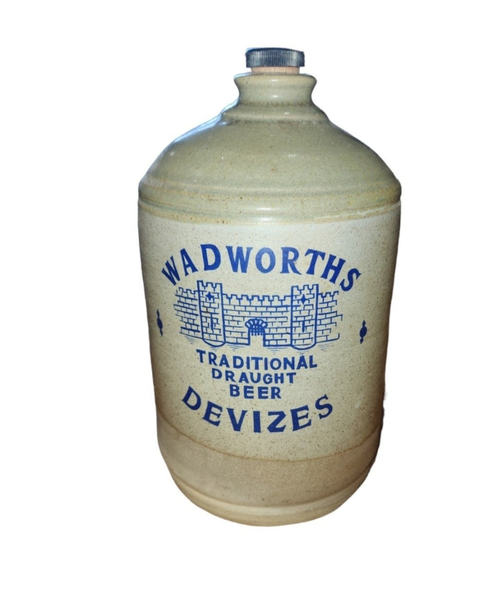 Vintage salt glazed stoneware flagon, jug with blue text, Wadworth of Devizes