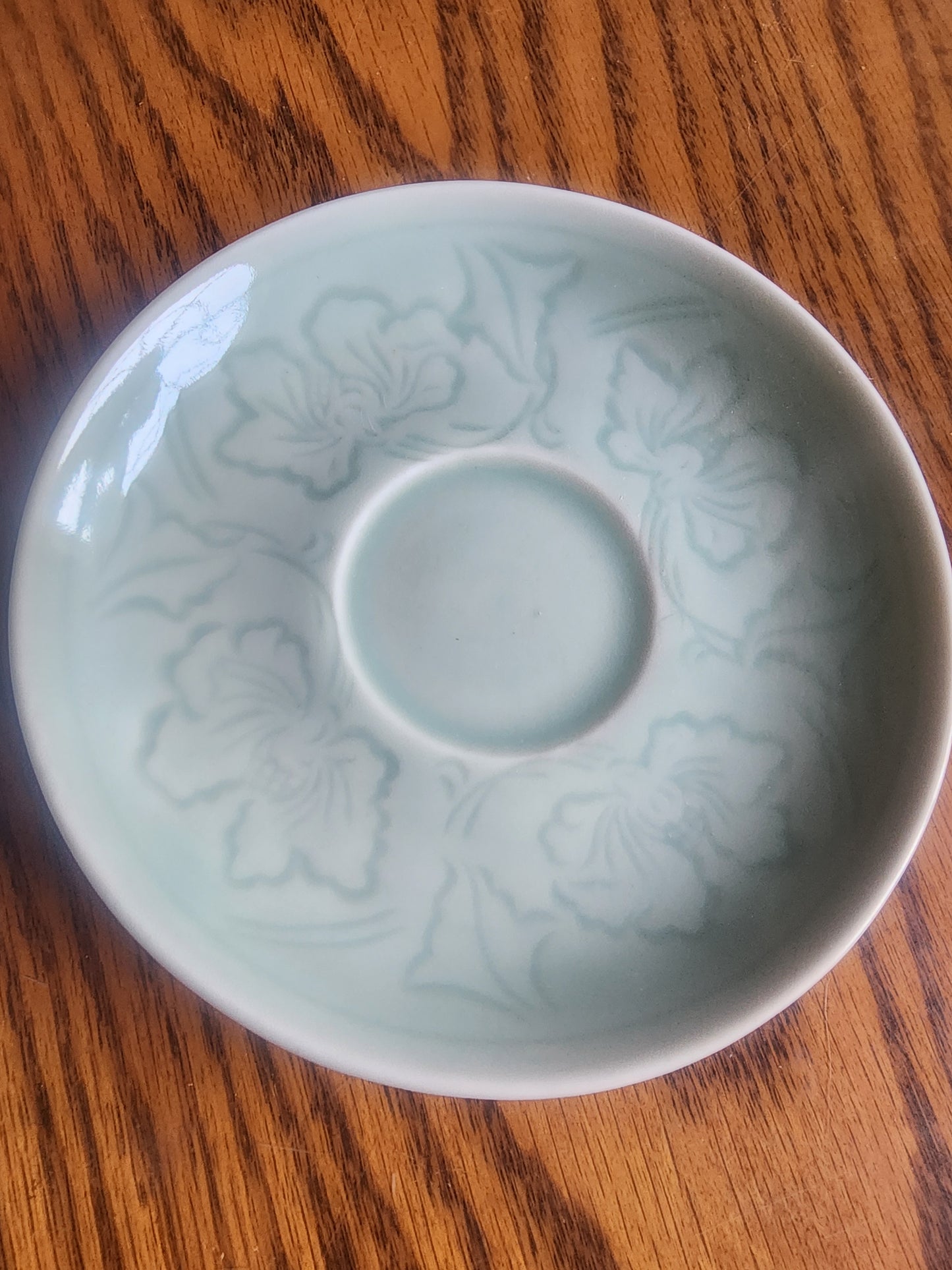 Longquan Celadon porcelain Seafoam Green floral saucers. Set of 2