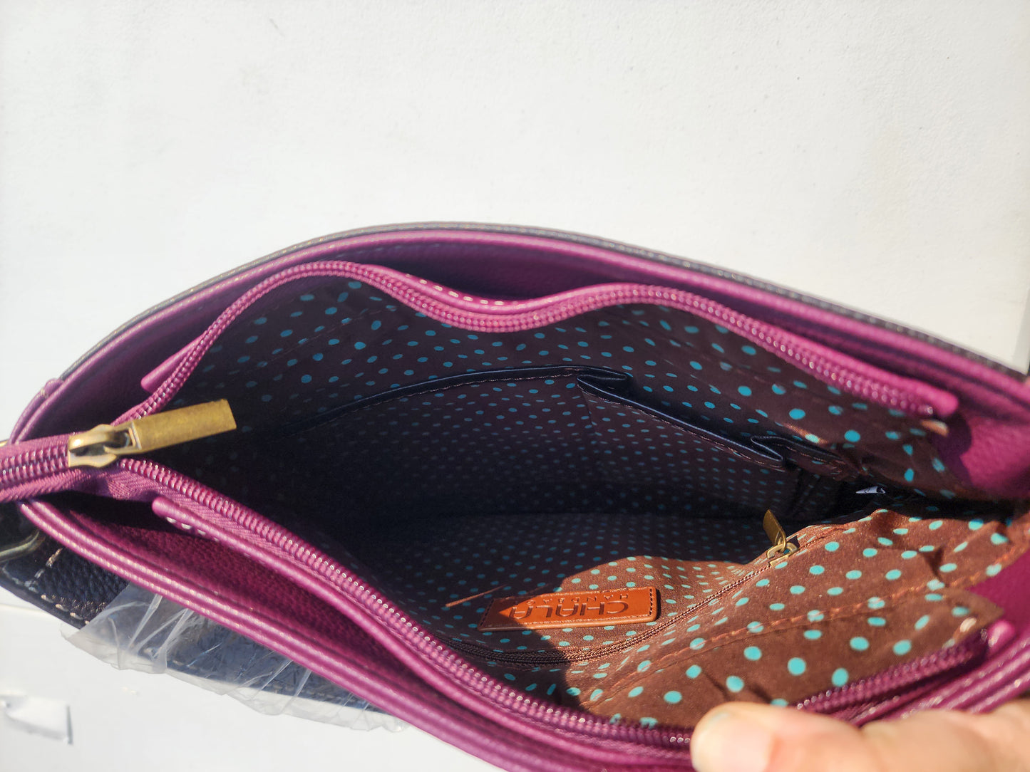 Chala Handbag vegan Purple leather Embellished with floral forget me nots
