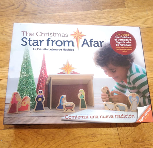 Wooden Nativity Scene and Spanish book Star from Afar Navidad Christmas
