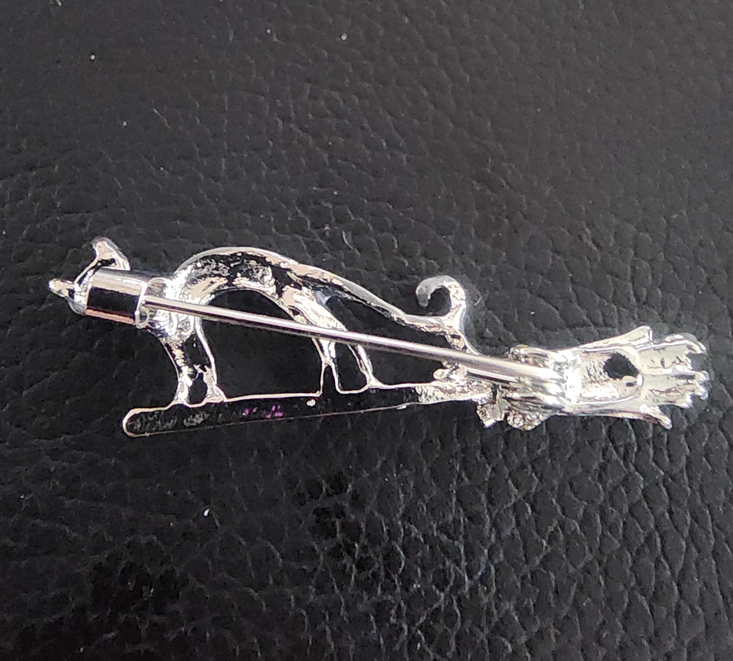 Vintage-Style Silver Tone Cat and Broom Pin Brooch
