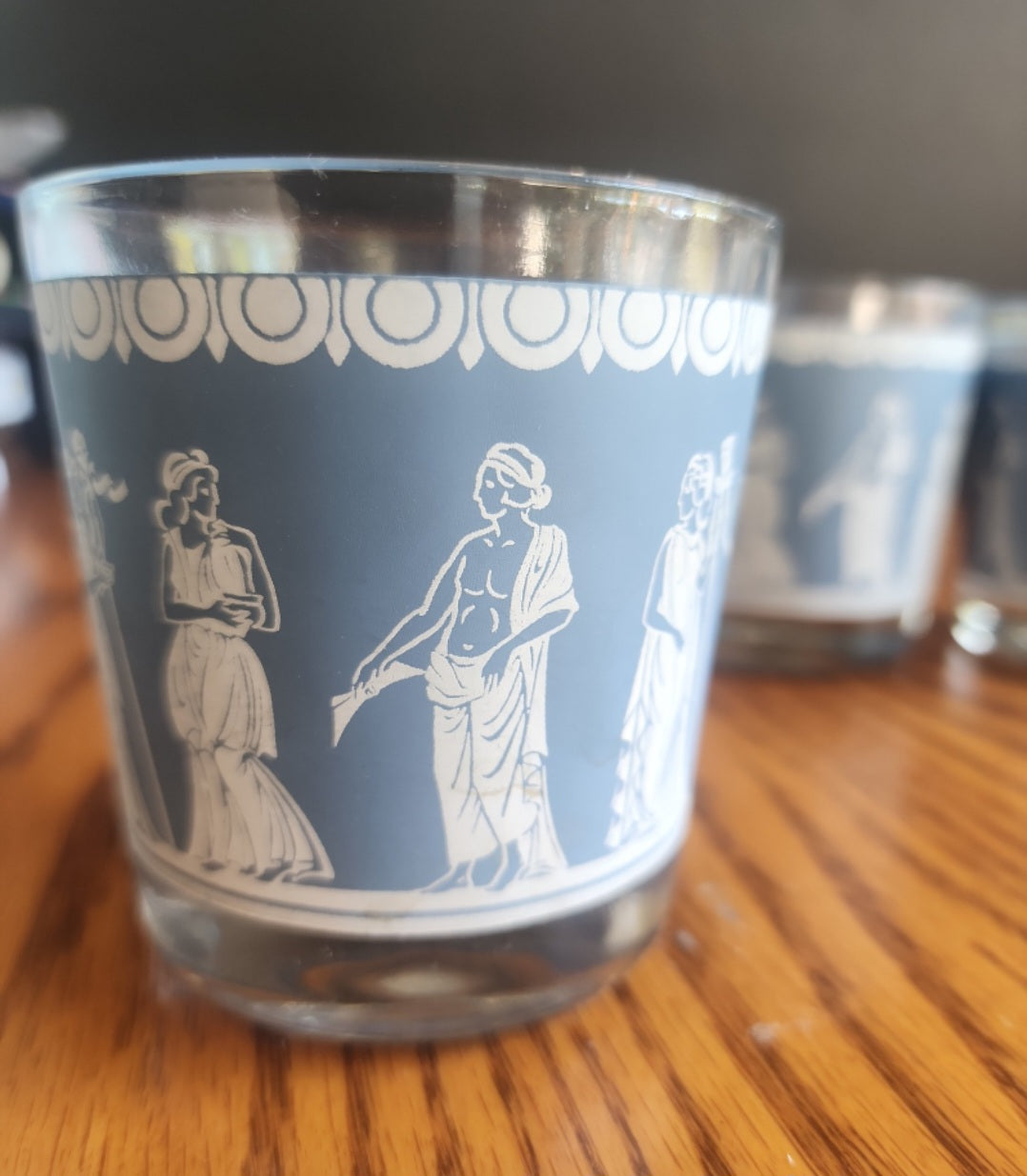 Set of 3 Vintage Jeannette Glass Hellenic Blue Jasperware Lowball Glasses