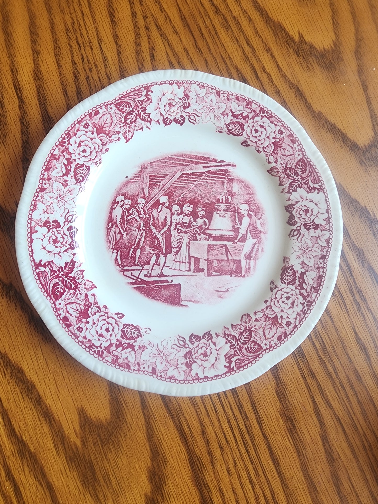 Vintage 1939 Homer Laughlin 7 3/8" salad plate in the "Historical America" pink transferware pattern
