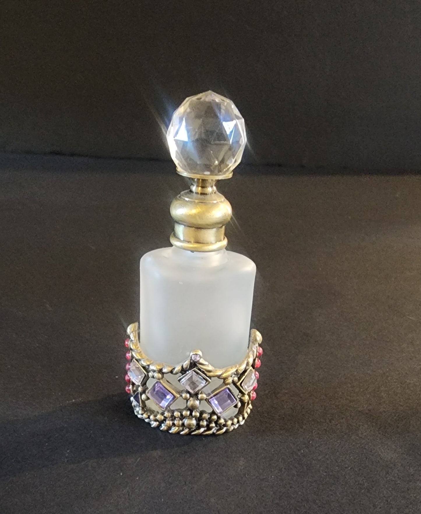 Vtg Perfume Bottle Decanter Rhinestones Purple Pink Jewels Refillable Frosted