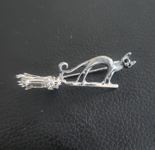 Vintage-Style Silver Tone Cat and Broom Pin Brooch