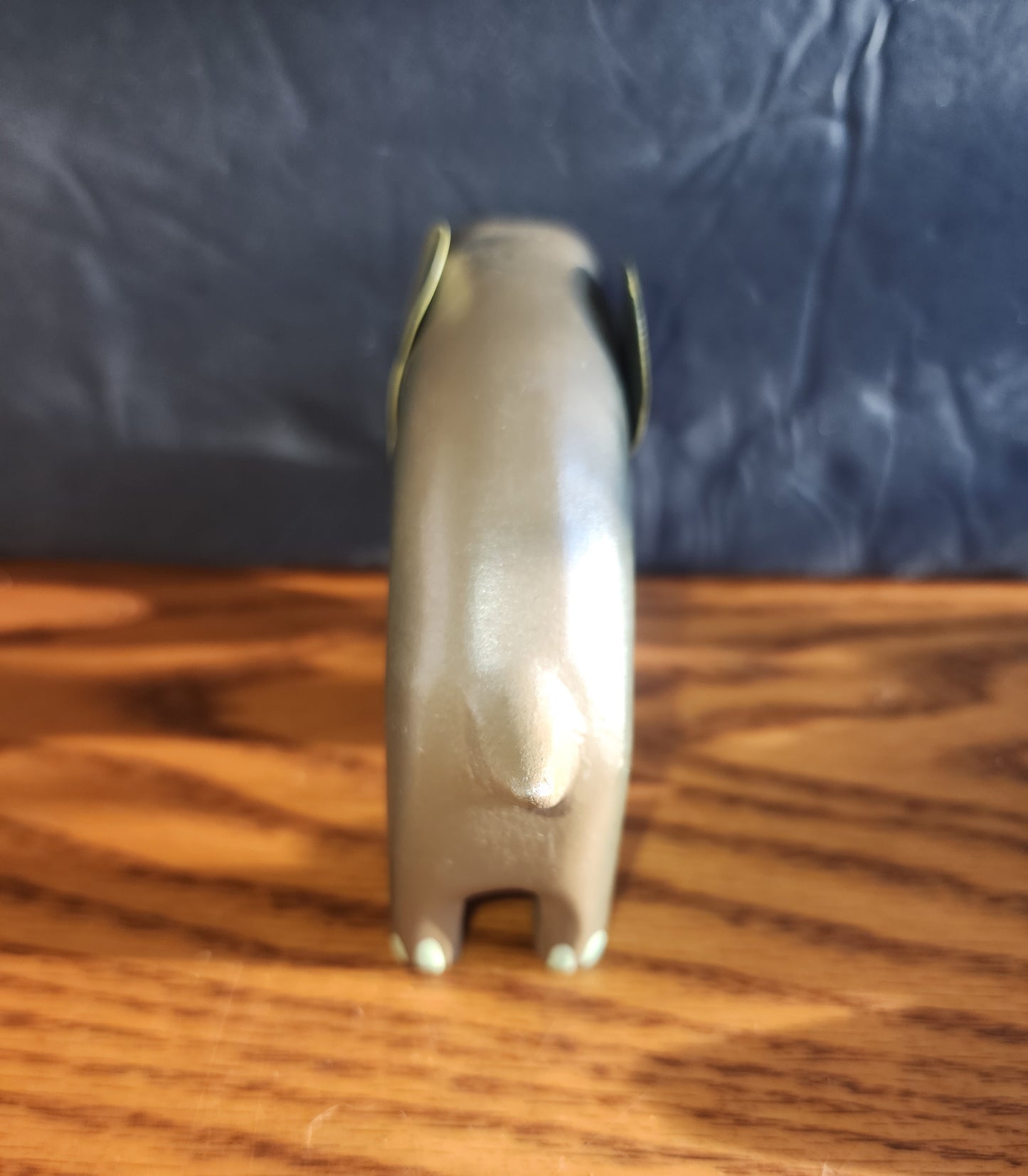 Vintage Wooden Elephant Figurine, Hand Painted, Metal Ears 5×3×2" Gray Brown