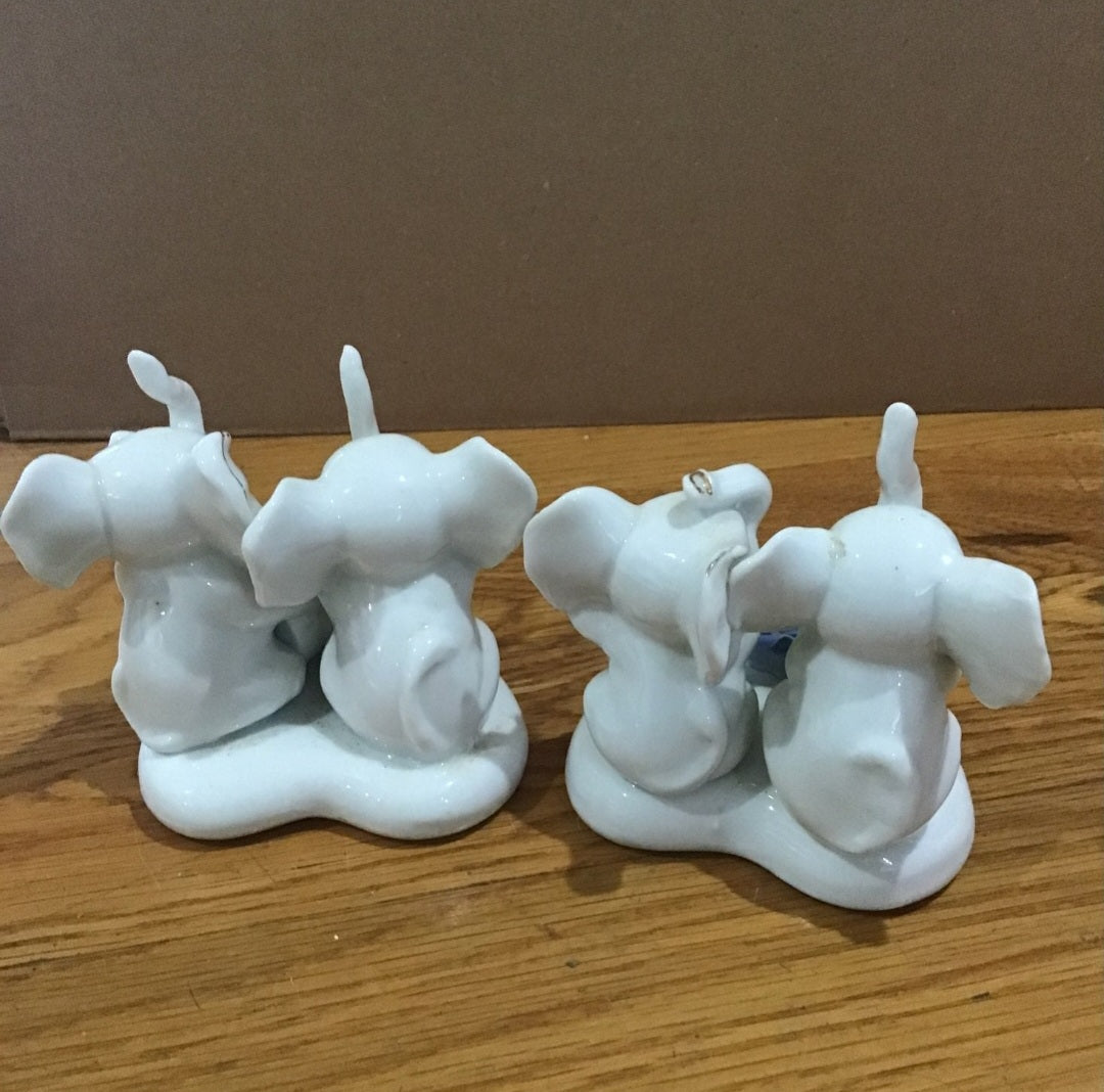 Vintage Victorian 2 sets of Porcelain Elephants on heart base with rose accents