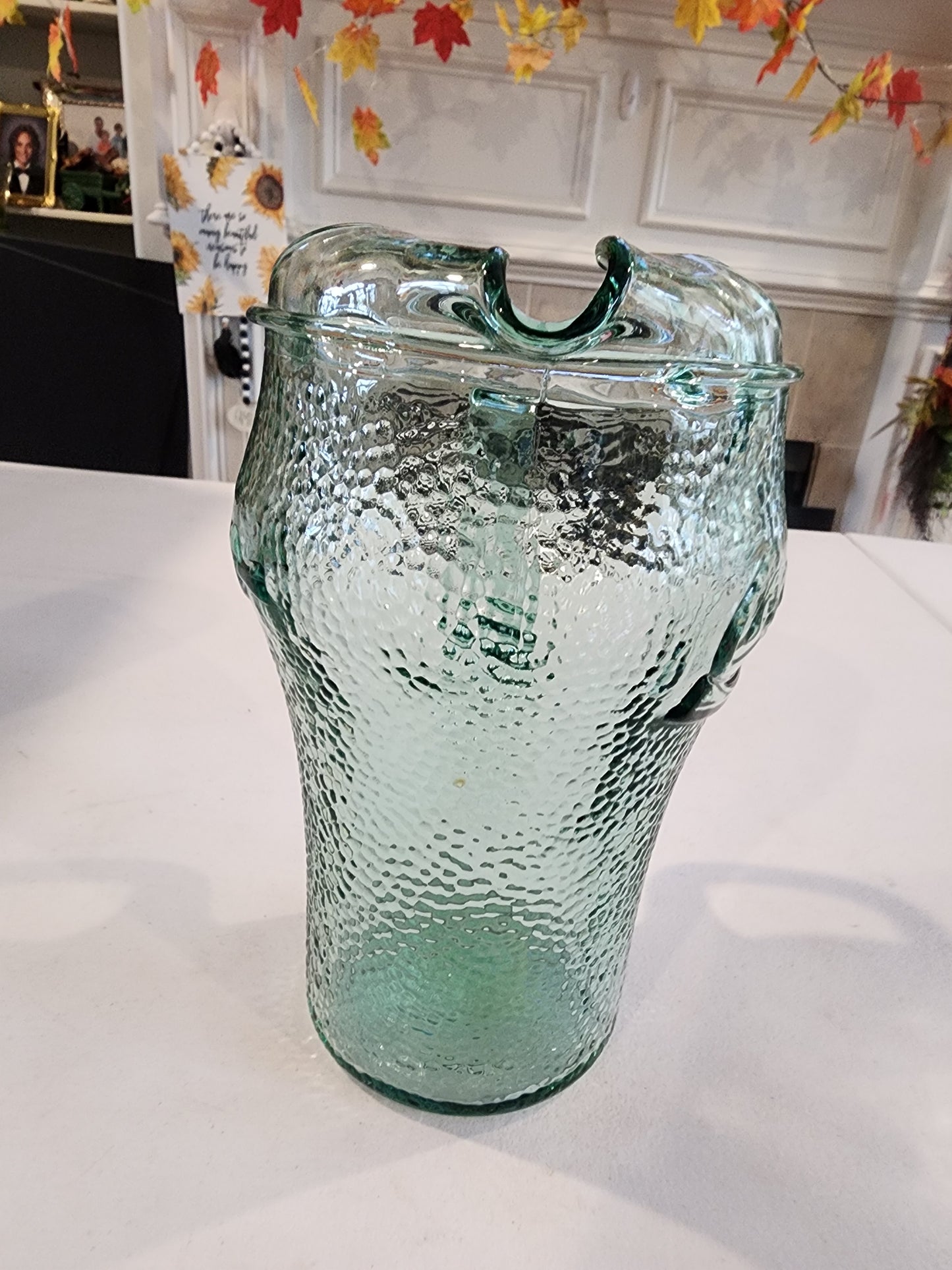 Vintage Heavy Green Pebbled Glass Coca-Cola / Coke Pitcher 64 Oz w/ Ice Lip