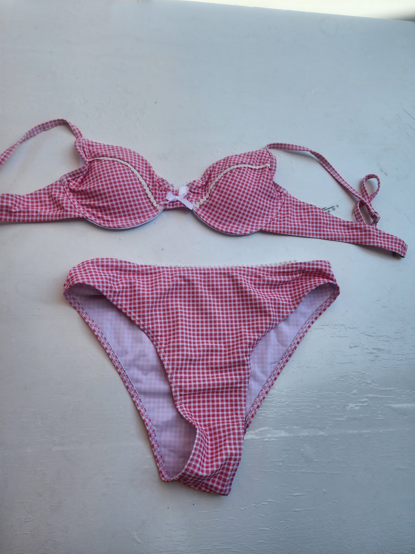 Adorable Pink & White Gingham Plaid Bikini Swimsuit Set - Top Small, Bottom Med