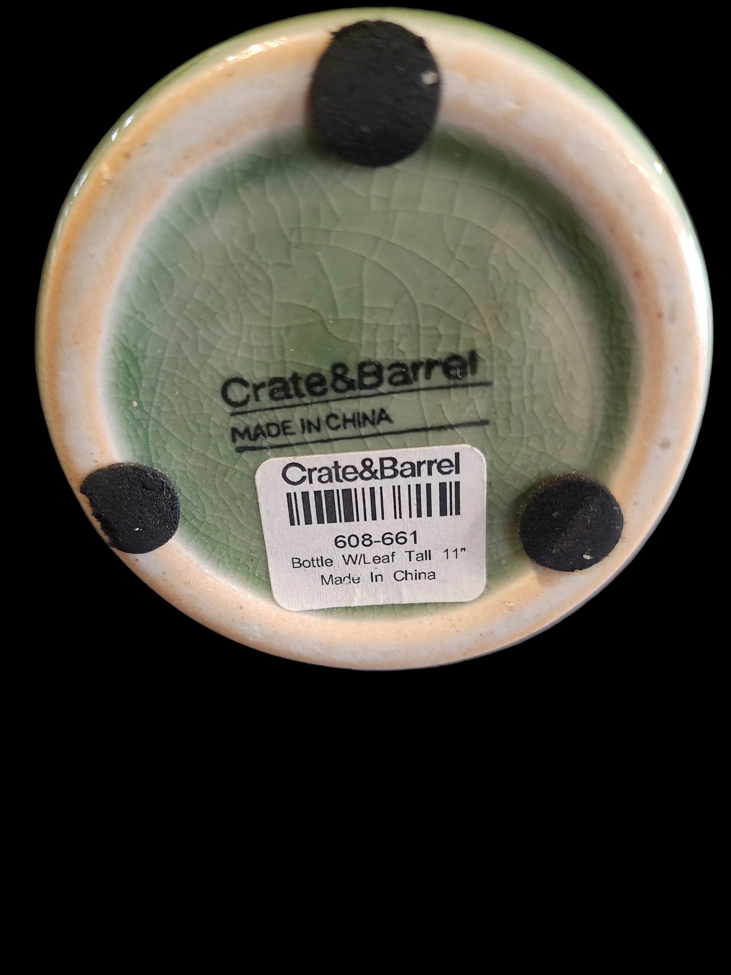 Crate & Barrel Green Crackle Glaze Ceramic Slender Vase with Leaf Motif, 11.5" H