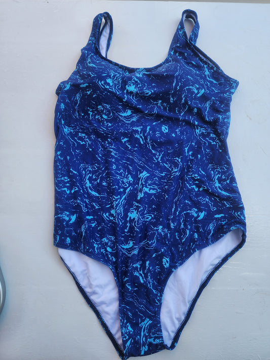Women's One Piece Swimsuit XL Blue Swirl Criss Cross Back  Lined Bathing Suit