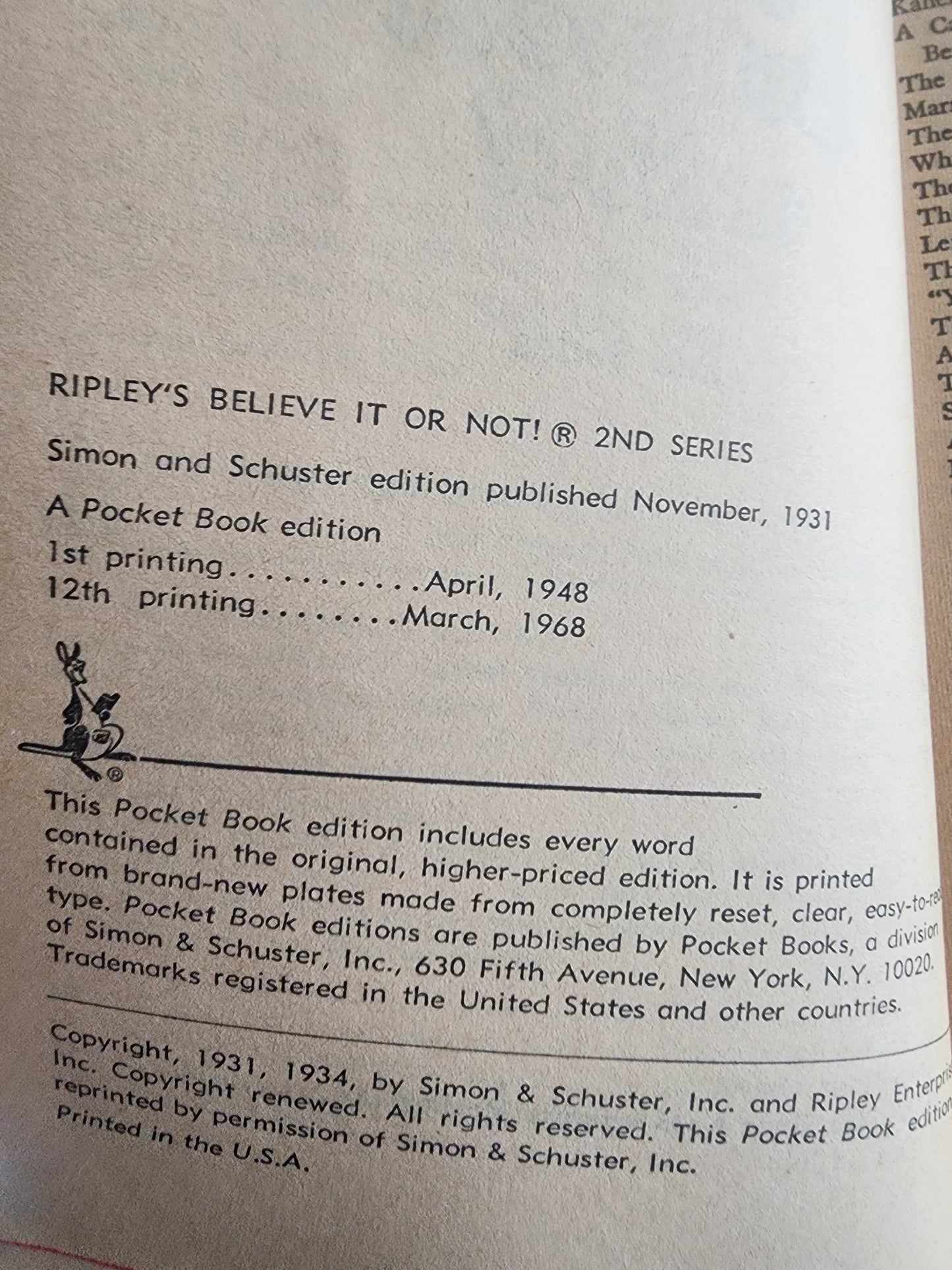 1968 RIPLEY'S BELIEVE IT Or NOT 2nd Series.  Pocket Paperback