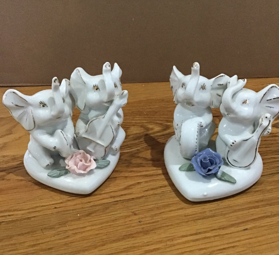 Vintage Victorian 2 sets of Porcelain Elephants on heart base with rose accents