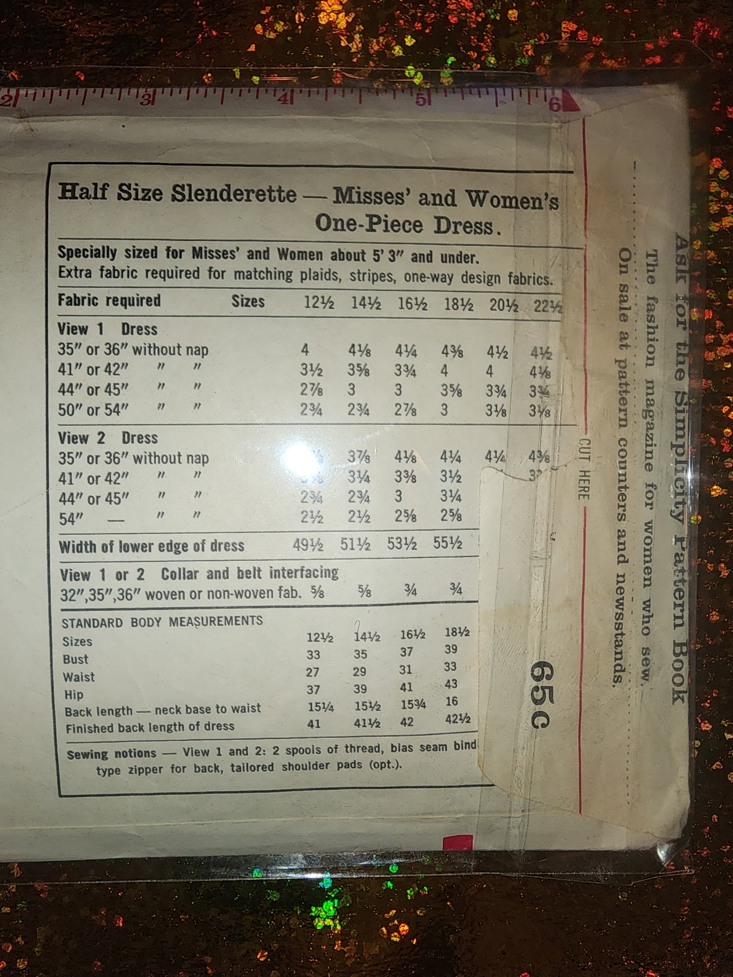 Vintage Simplicity Pattern 4235 16 1/2 half size slenderette measurement bust 37 waist 31 hip 41 cut pattern