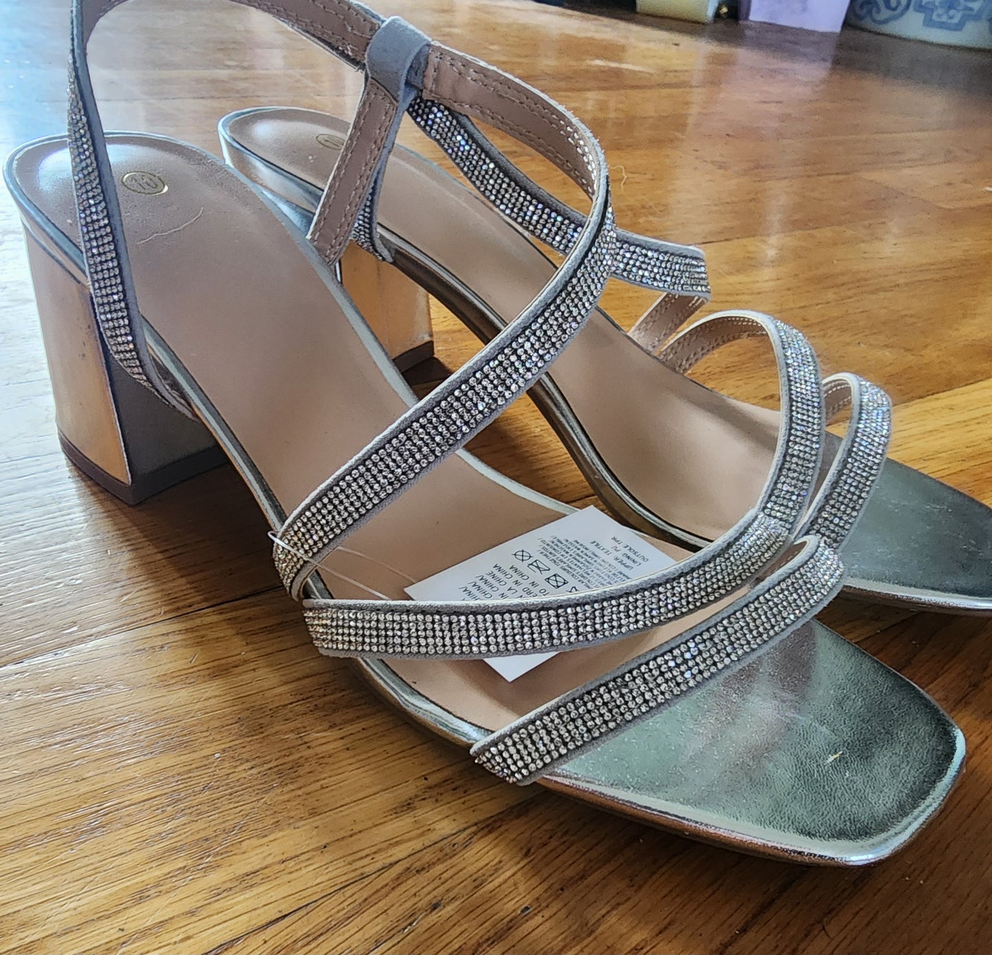 Elegant Silver Rhinestone Strap Sandals, Size 10
