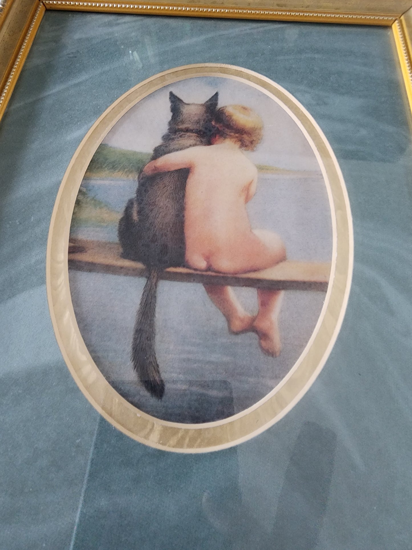 Gold Framed Print of boy and his dog, Pals 11.50" T x 9.15" w Bathing Beauties