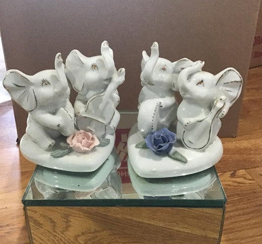 Vintage Victorian  2 sets of Porcelain Elephants on heart base with rose accents