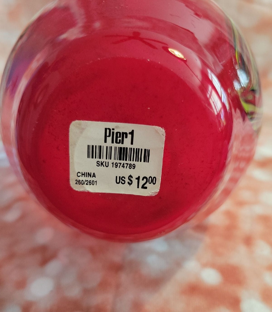 Pier One blown Red glass vase with yellow, blue and black swirls Retro