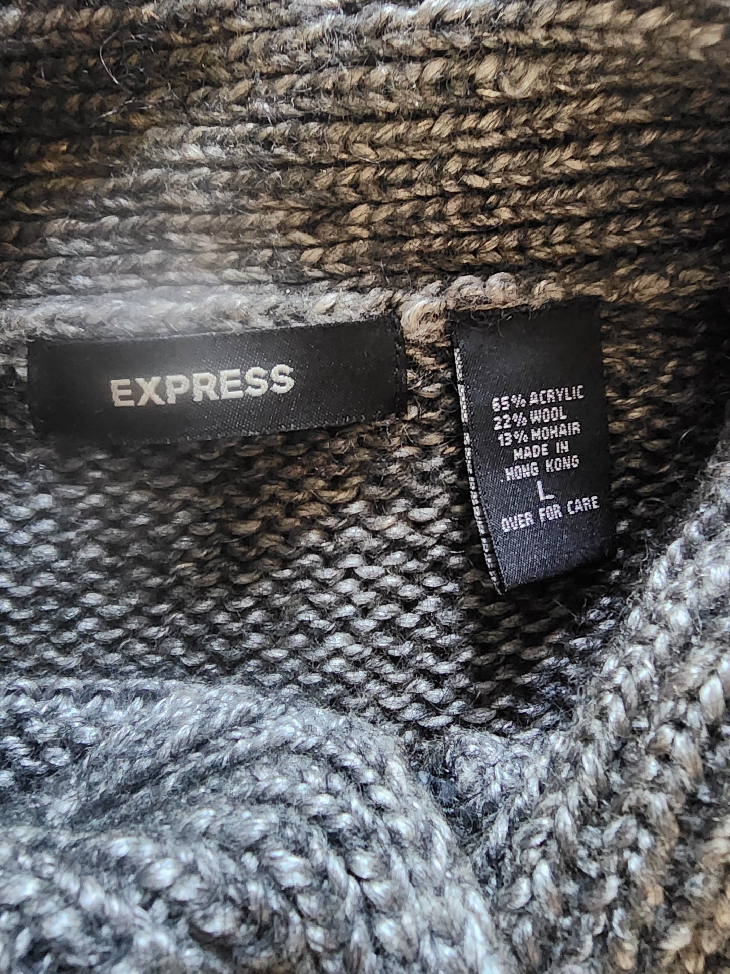 Express Vintage Gray Knit Sweater Jacket L Zipper Cropped Marled Wool Blend