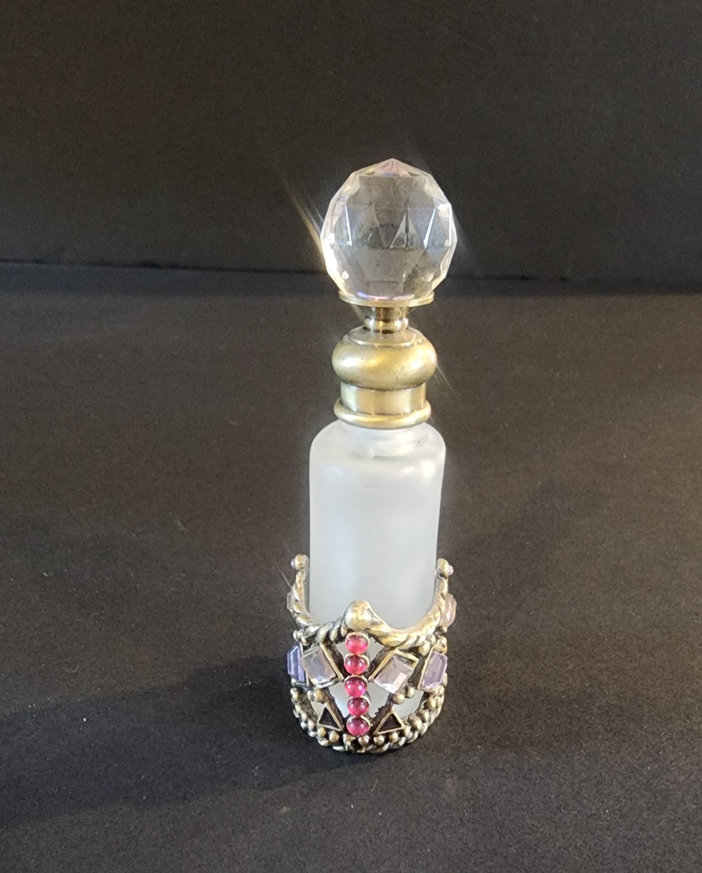 Vtg Perfume Bottle Decanter Rhinestones Purple Pink Jewels Refillable Frosted