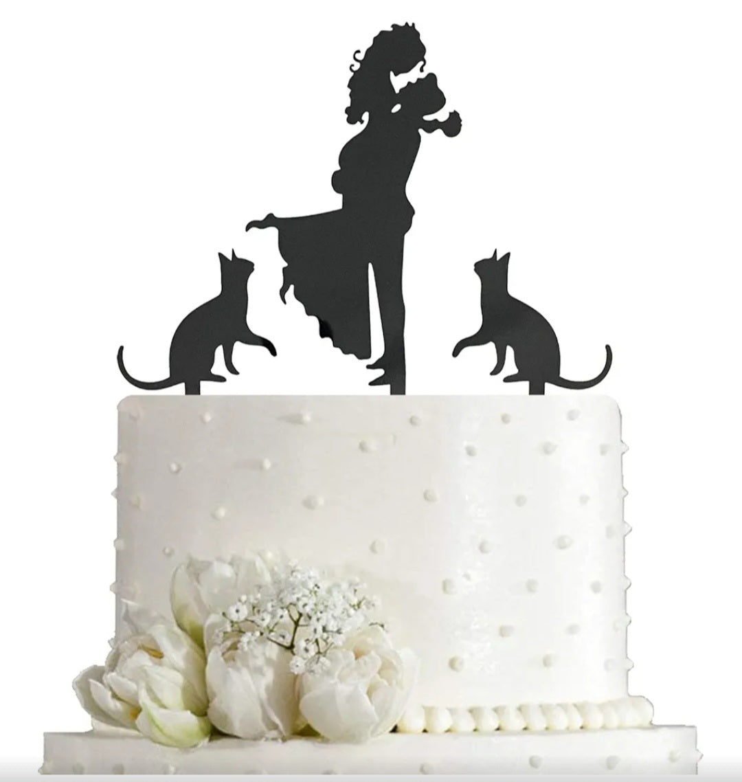 Wedding Cake Topper - Bride Hold Groom with Flowers Besides Two Pet Cats Silhouette Cake Decoration