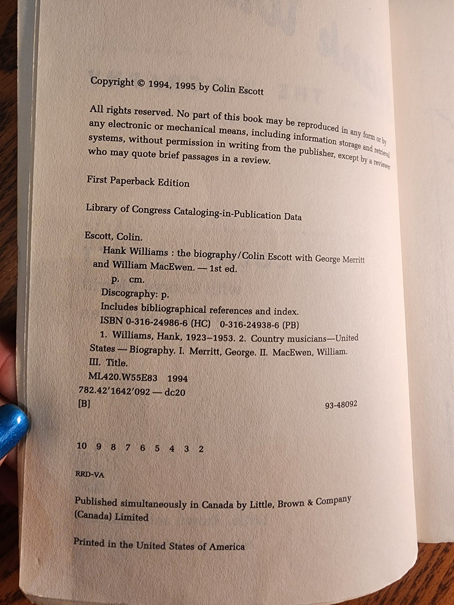 Hank Williams: The Biography softcover book 1995 by Colin Escott