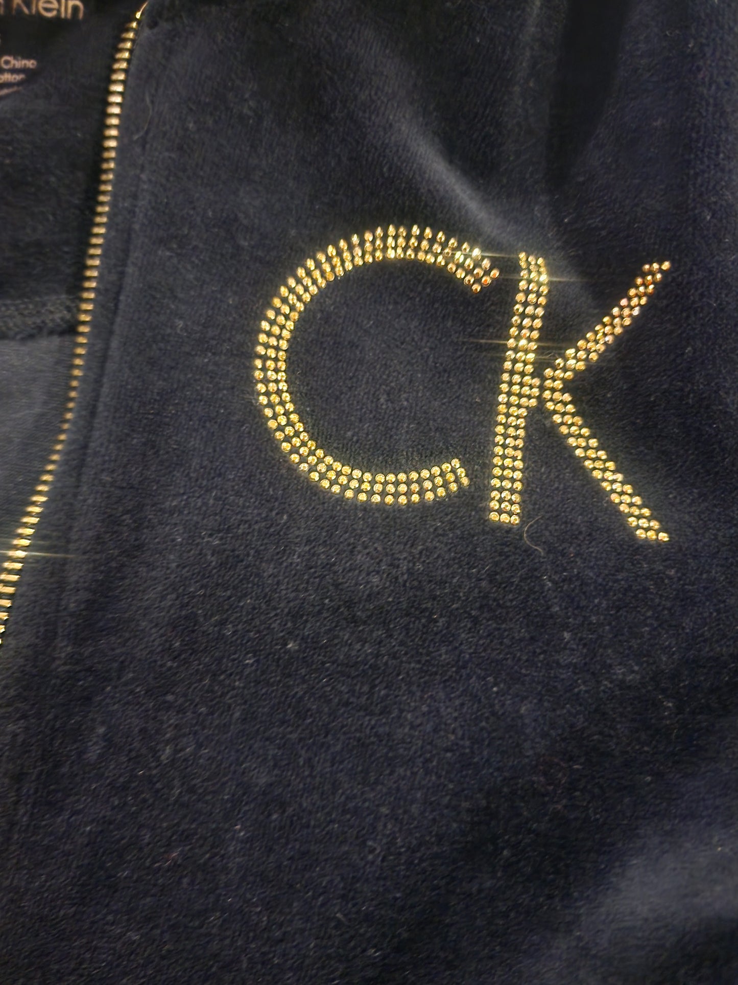 Calvin Klein Velour Jacket Women's Small Black Gold Rhinestone CK Logo Full Zip