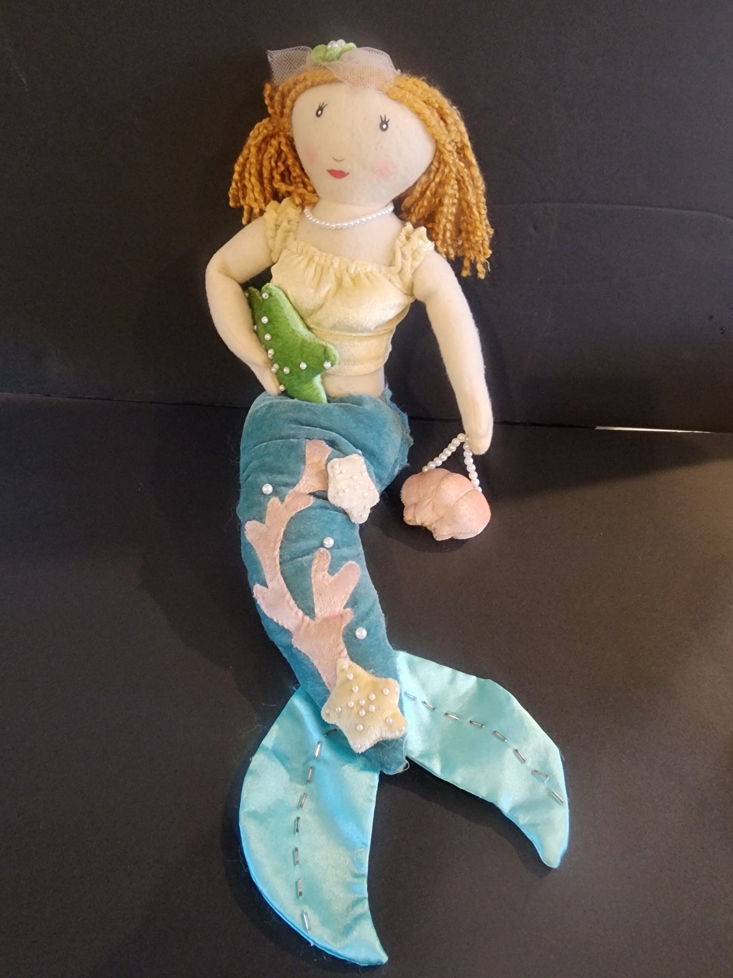 21” Beautiful Fairytale Mermaid Plush Doll Shelf Sitter faux Pearl Accents
