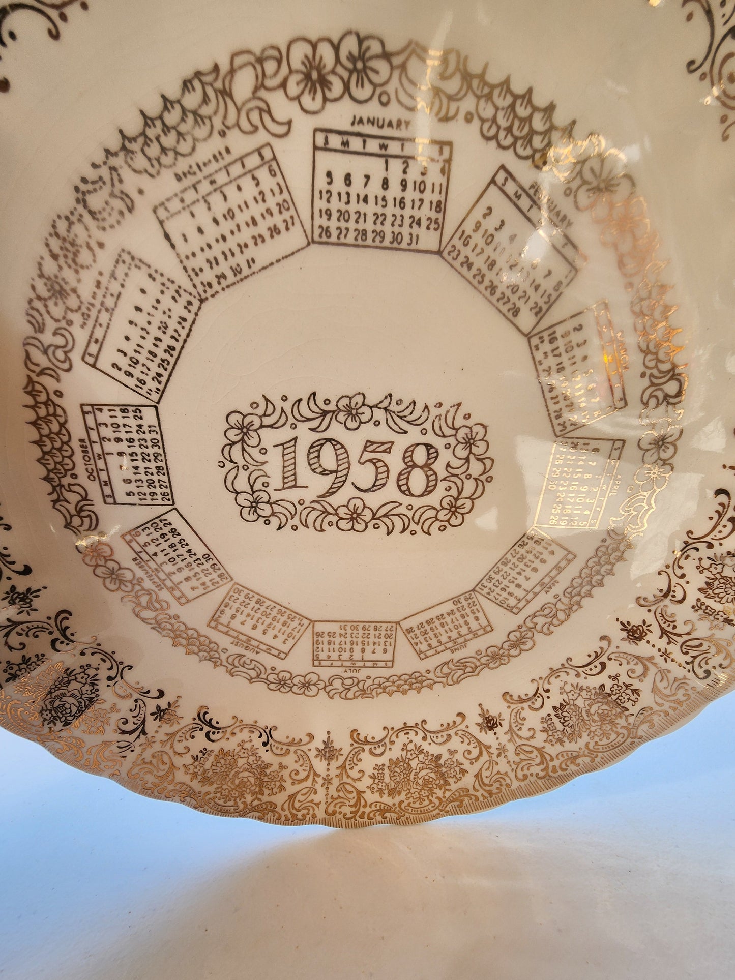 Vintage 1958 Calendar Plate 9.5" | Gold & White Mid-Century Decor