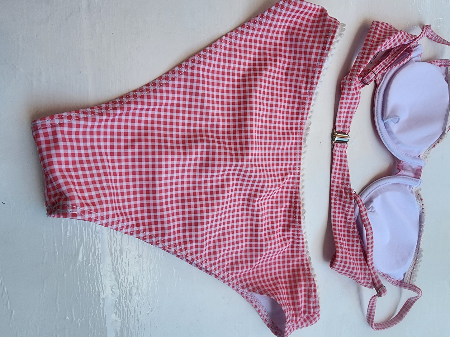 Adorable Pink & White Gingham Plaid Bikini Swimsuit Set - Top Small, Bottom Med