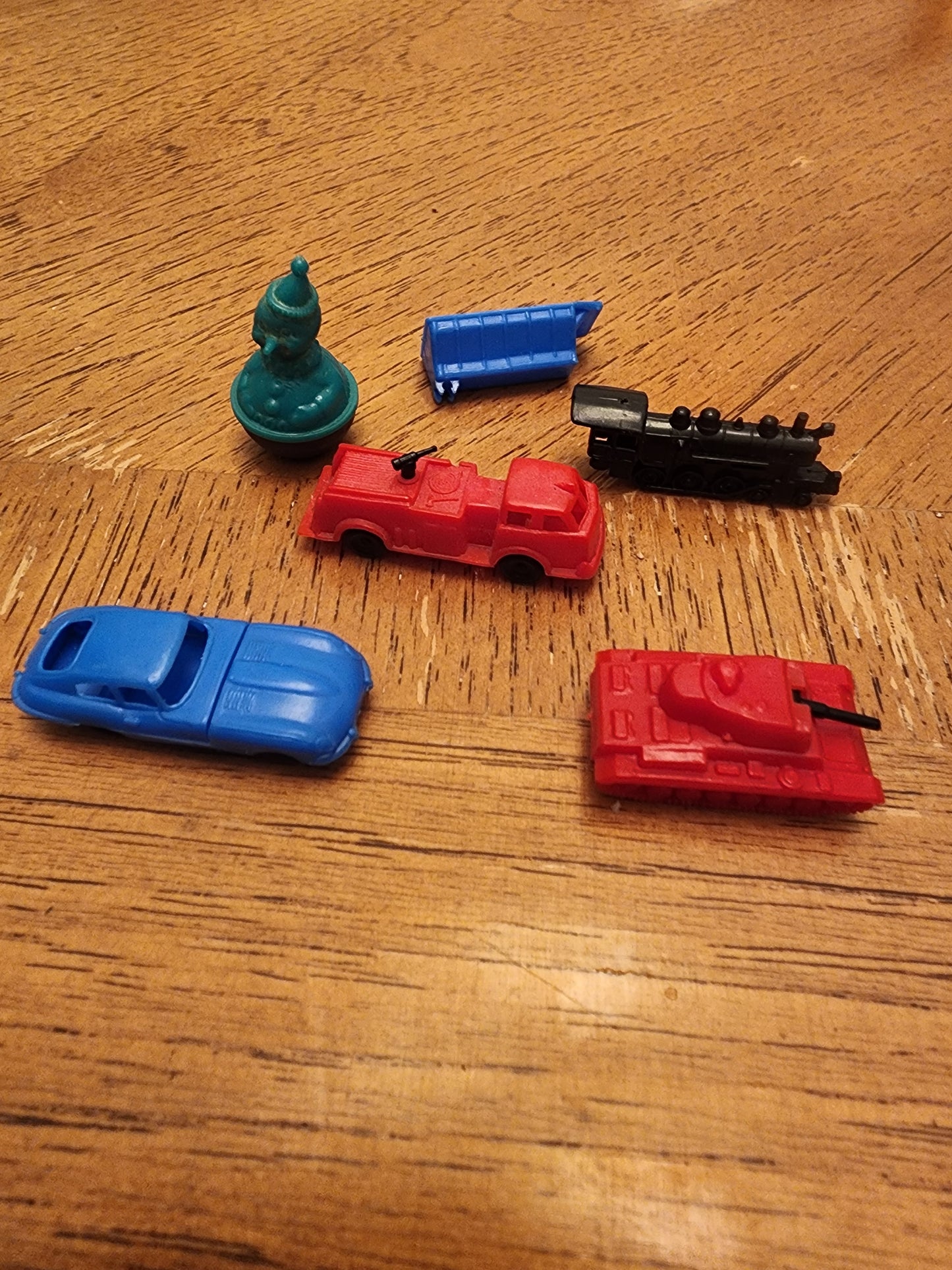 Vintage Miniature plastic toys jaguar, firetruck, train, tank & Roly Poly Clown