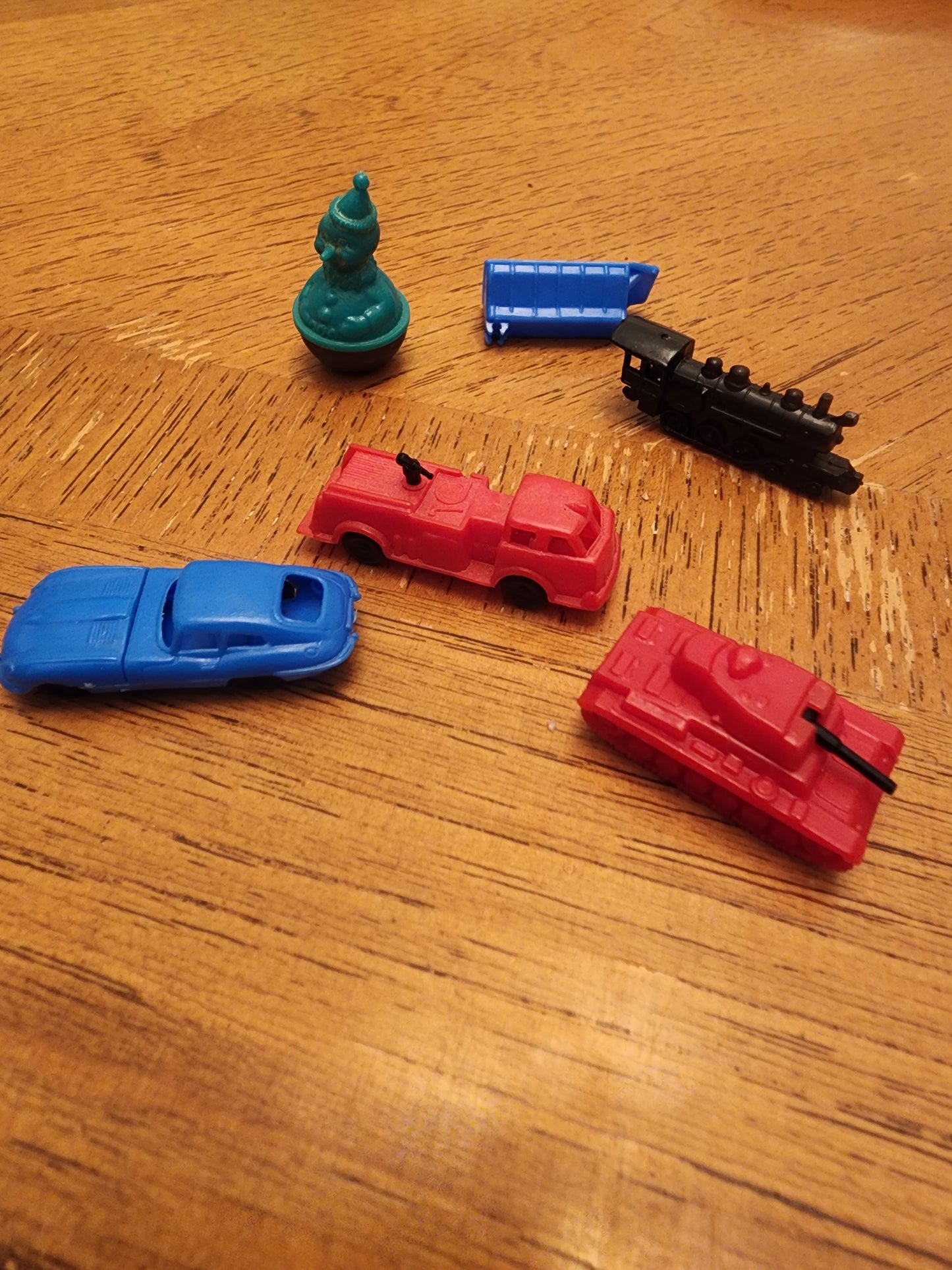 Vintage Miniature plastic toys jaguar, firetruck, train, tank & Roly Poly Clown