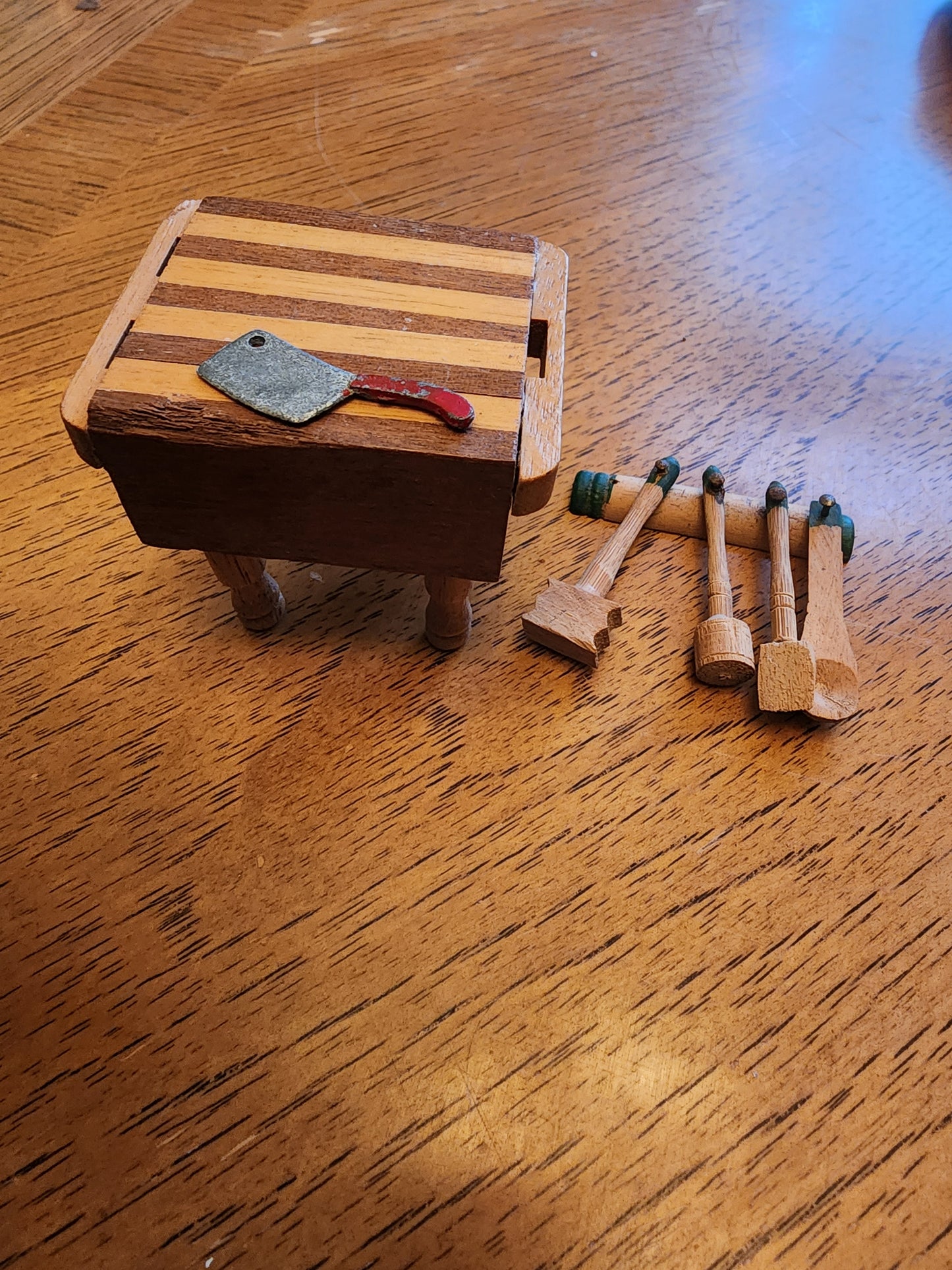 Vintage Dollhouse Miniature Wooden Butcher Block 2 Tone Table Kitchen Furniture and kitchen utensils