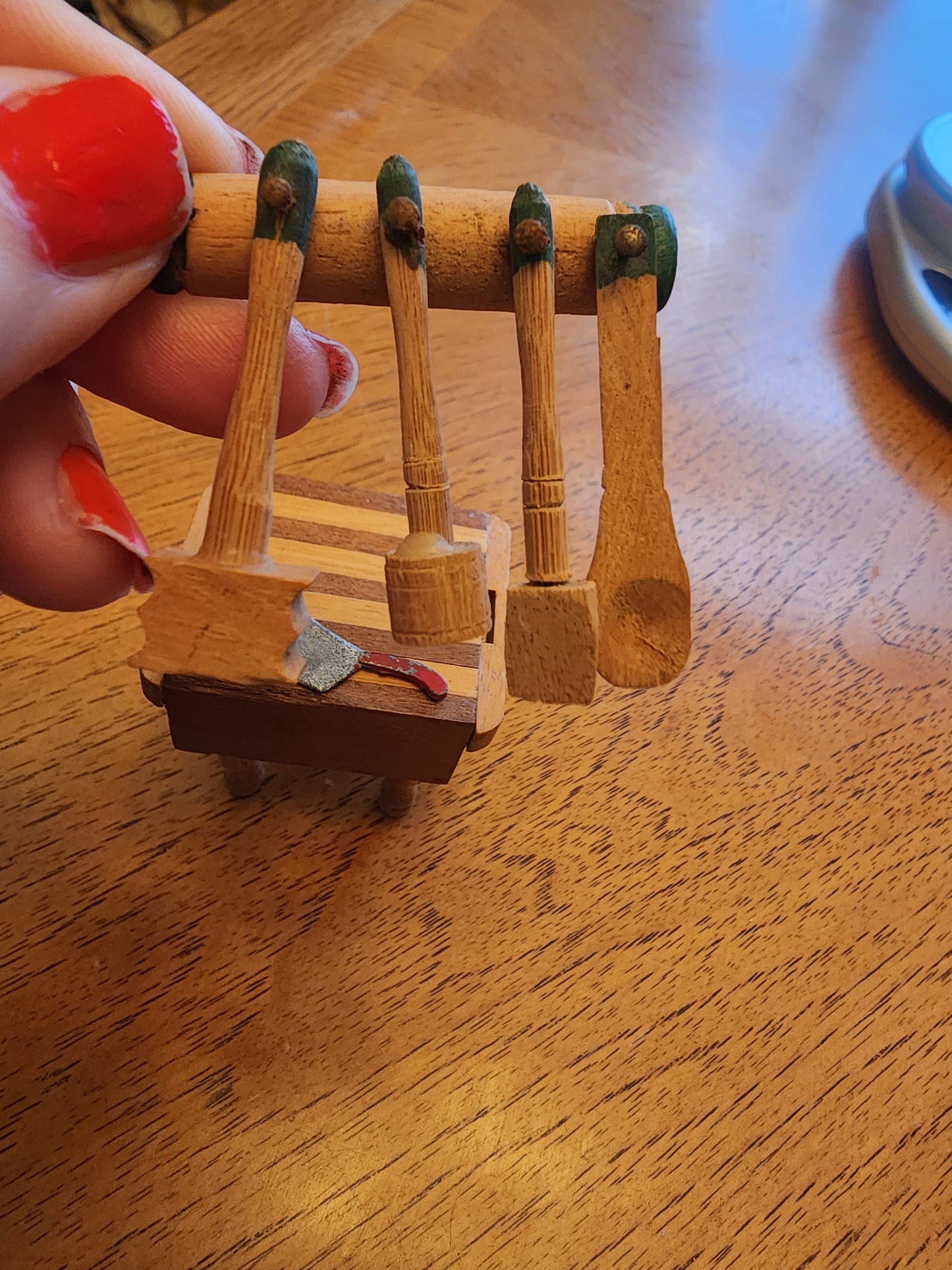 Vintage Dollhouse Miniature Wooden Butcher Block 2 Tone Table Kitchen Furniture and kitchen utensils