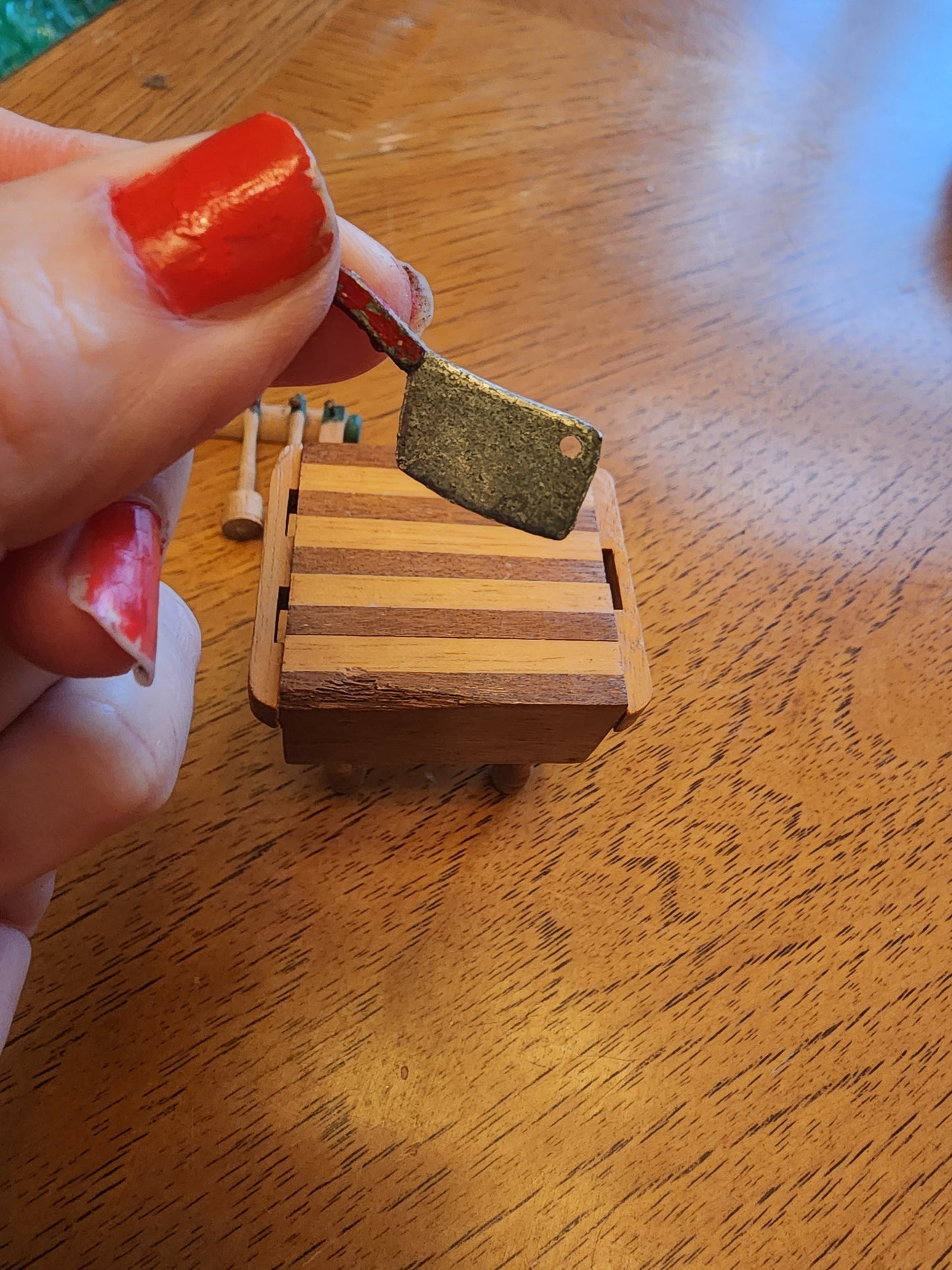 Vintage Dollhouse Miniature Wooden Butcher Block 2 Tone Table Kitchen Furniture and kitchen utensils