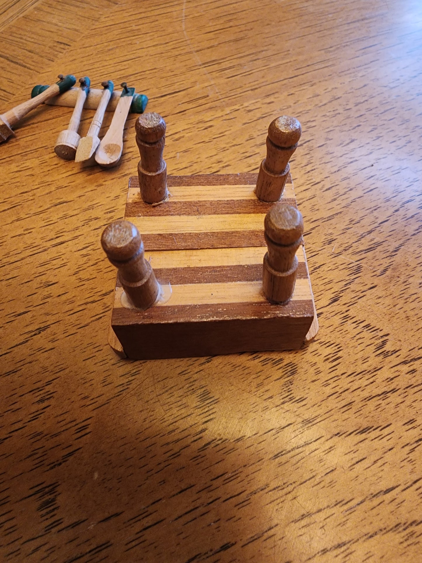 Vintage Dollhouse Miniature Wooden Butcher Block 2 Tone Table Kitchen Furniture and kitchen utensils