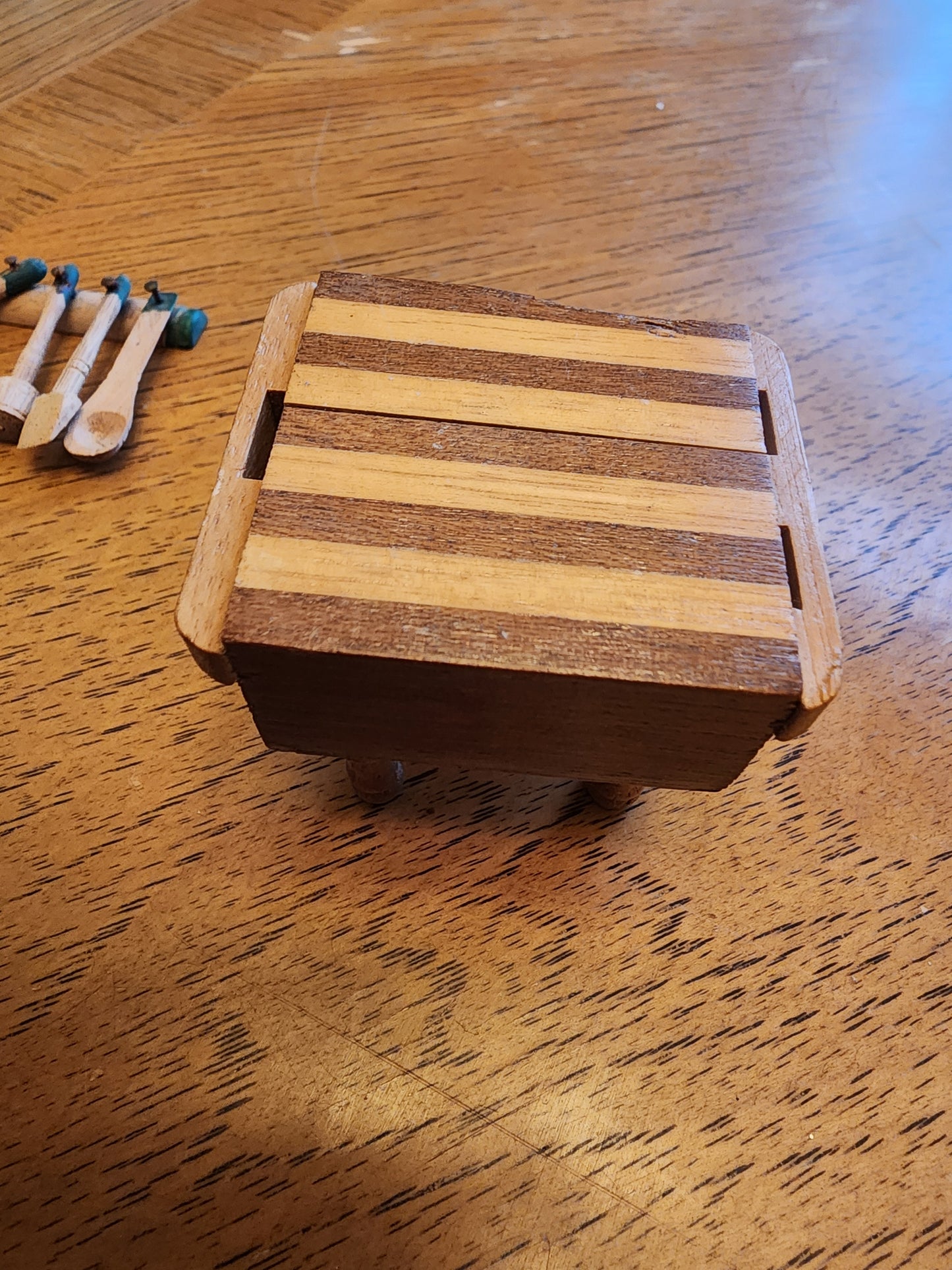 Vintage Dollhouse Miniature Wooden Butcher Block 2 Tone Table Kitchen Furniture and kitchen utensils