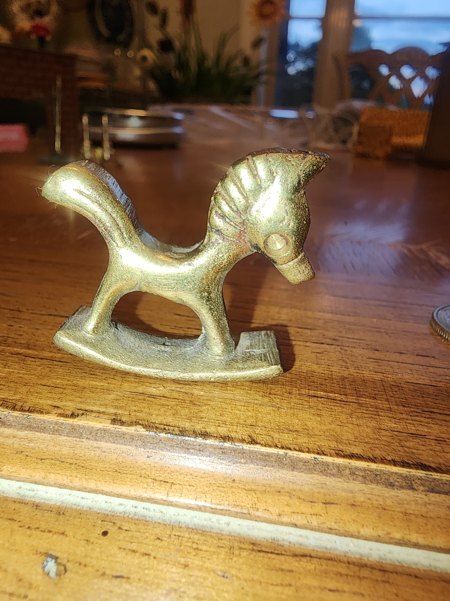 Vintage Minature Brass Rocking Horse With Tail Up Unique it's 1.5" long and tall, Made in India