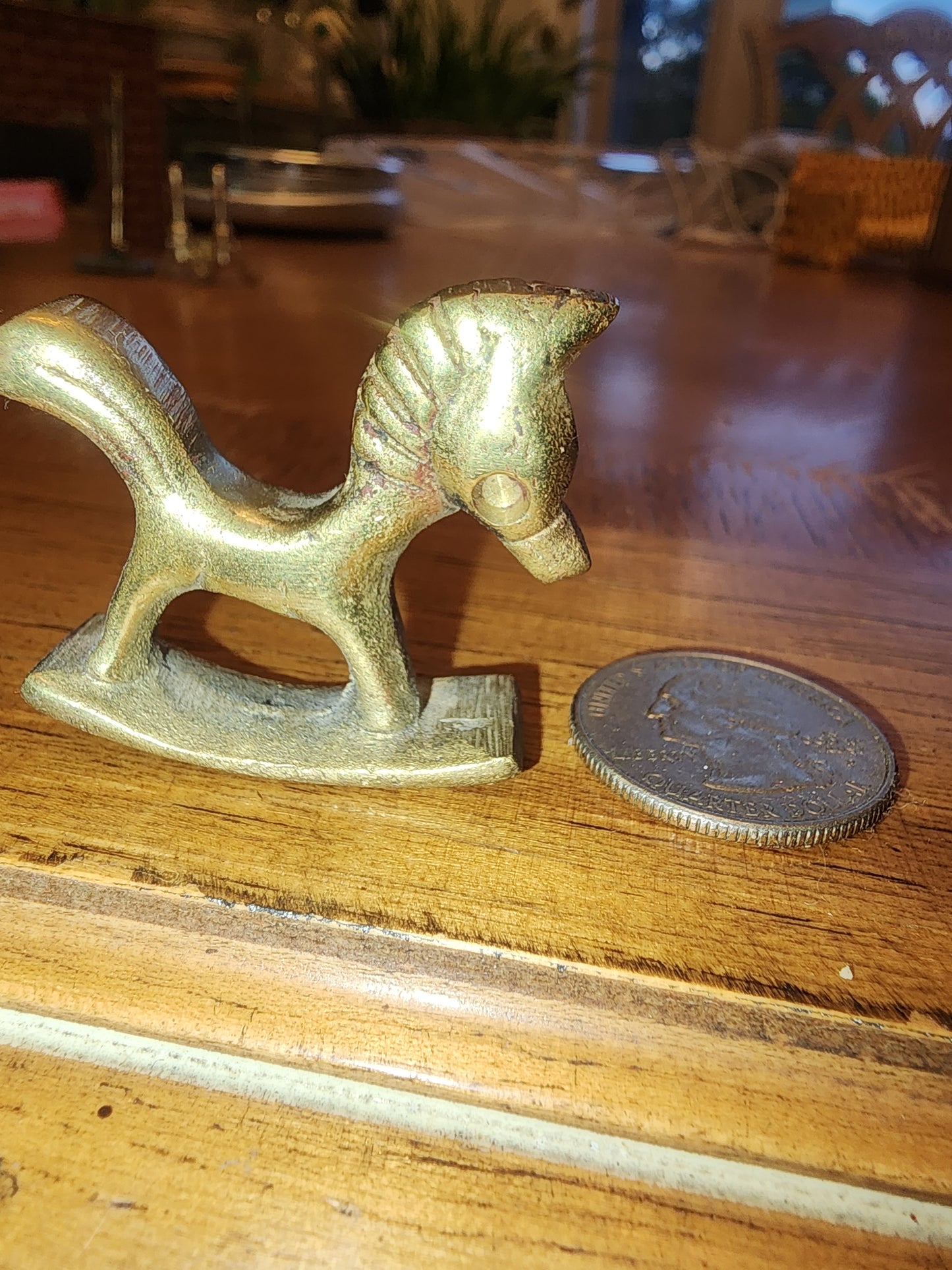 Vintage Minature Brass Rocking Horse With Tail Up Unique it's 1.5" long and tall, Made in India