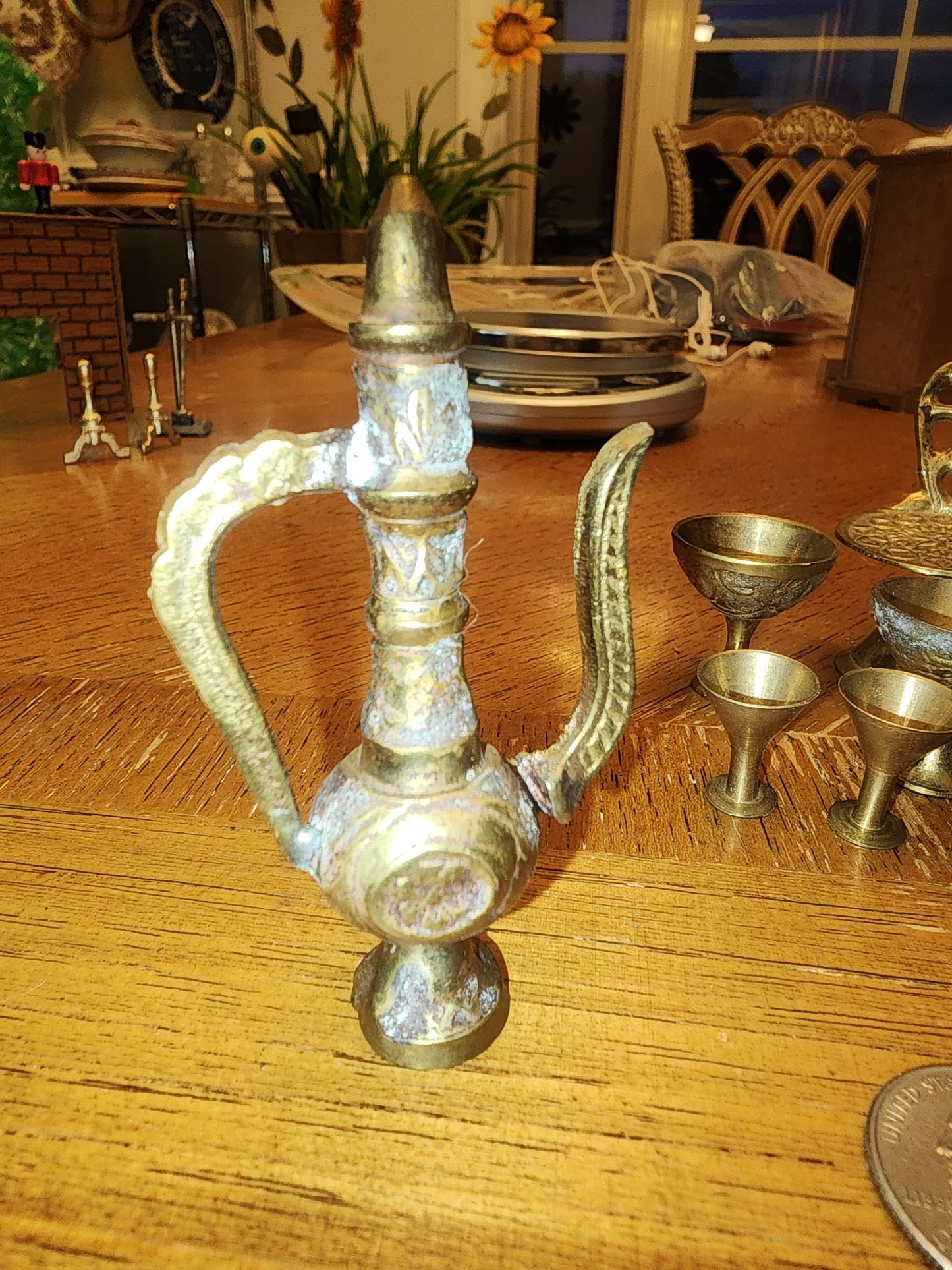 Miniature brass wine decanter and glasses and garden chair