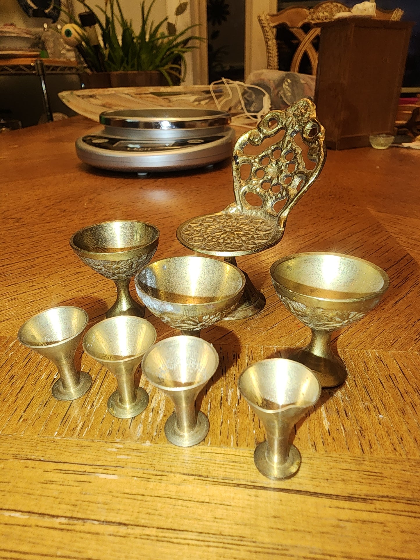 Miniature brass wine decanter and glasses and garden chair