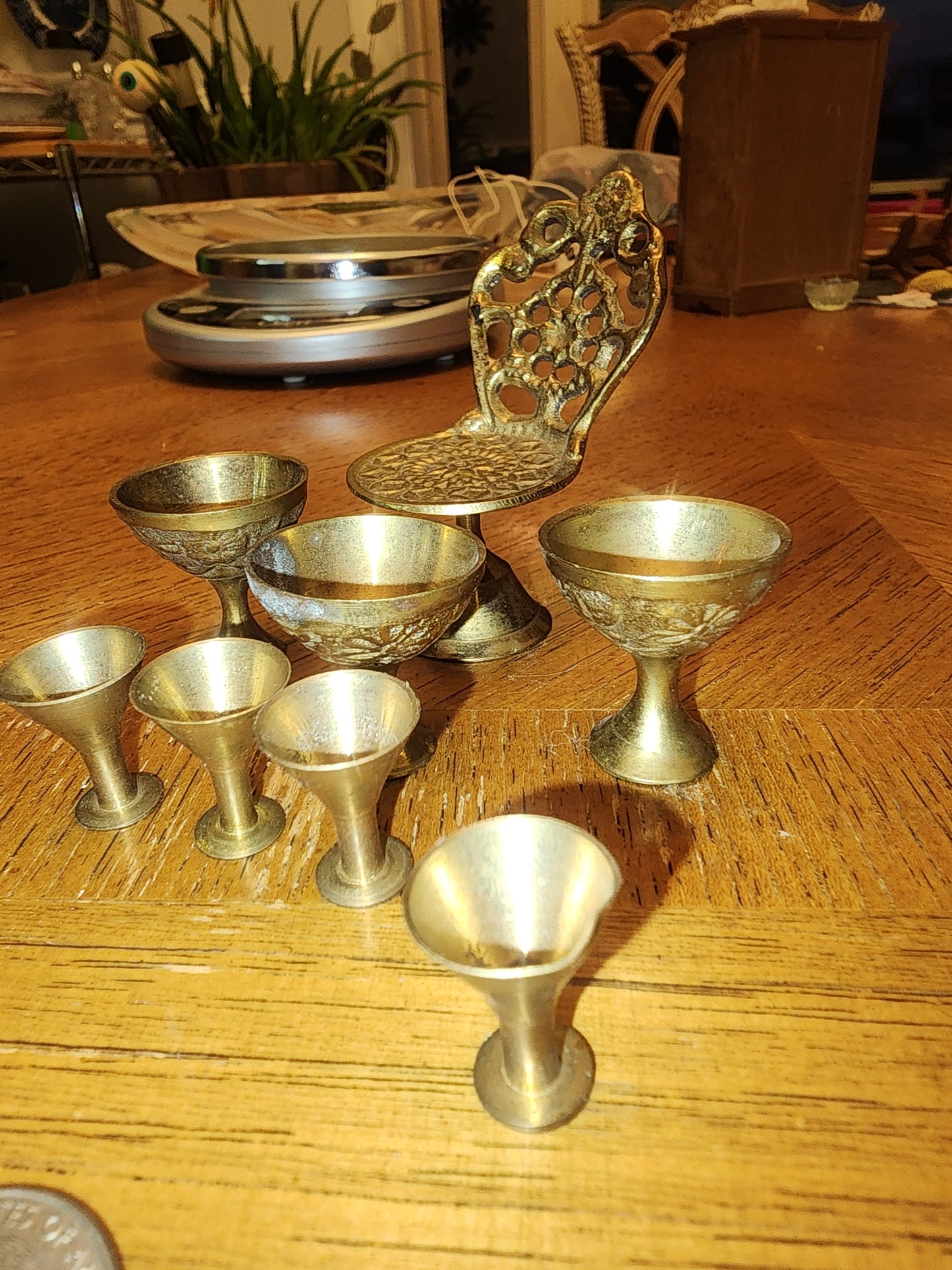 Miniature brass wine decanter and glasses and garden chair