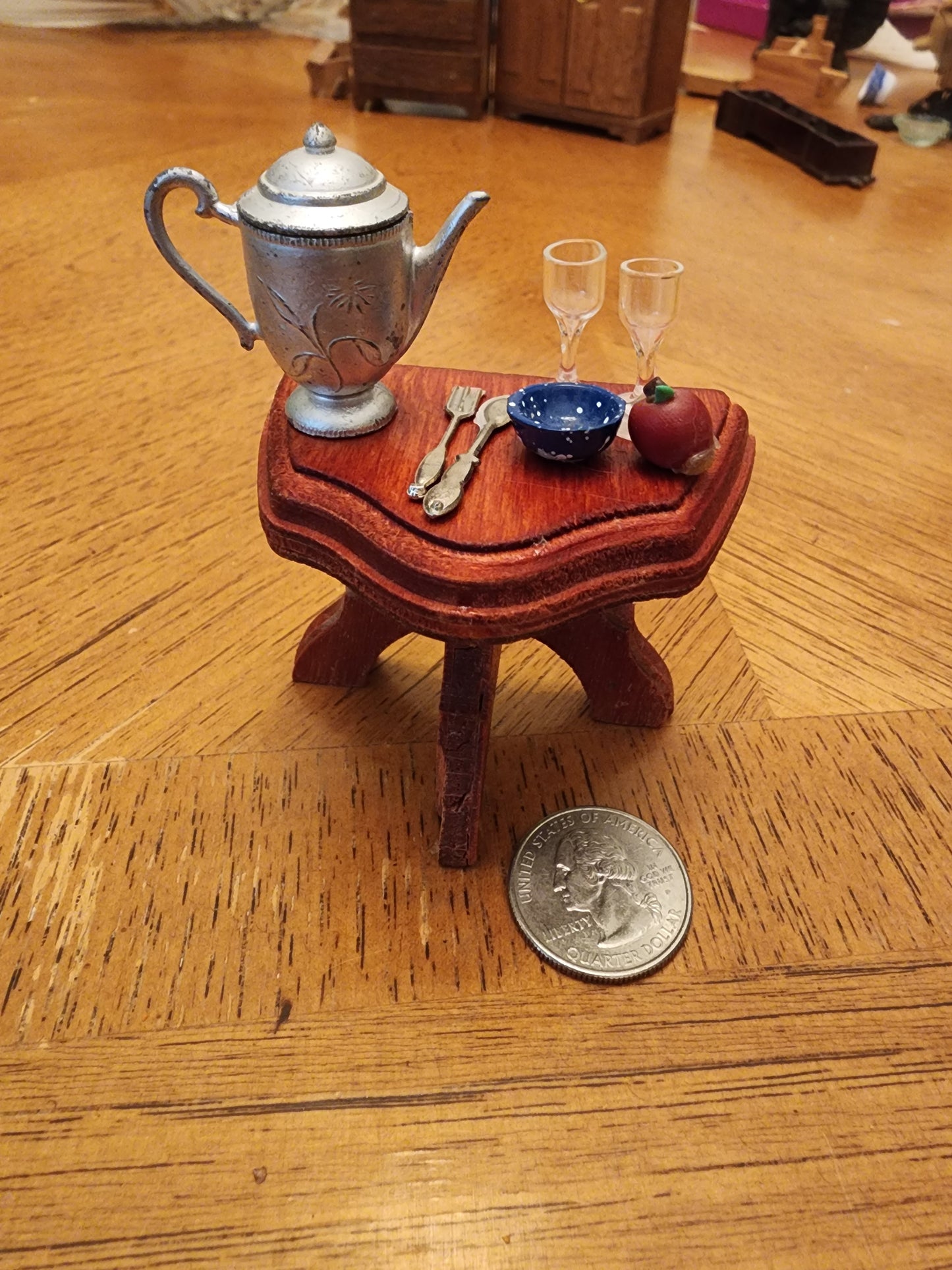 Vintage Wooden Side Table & metal tea pot wine glasses and more for dollhouse