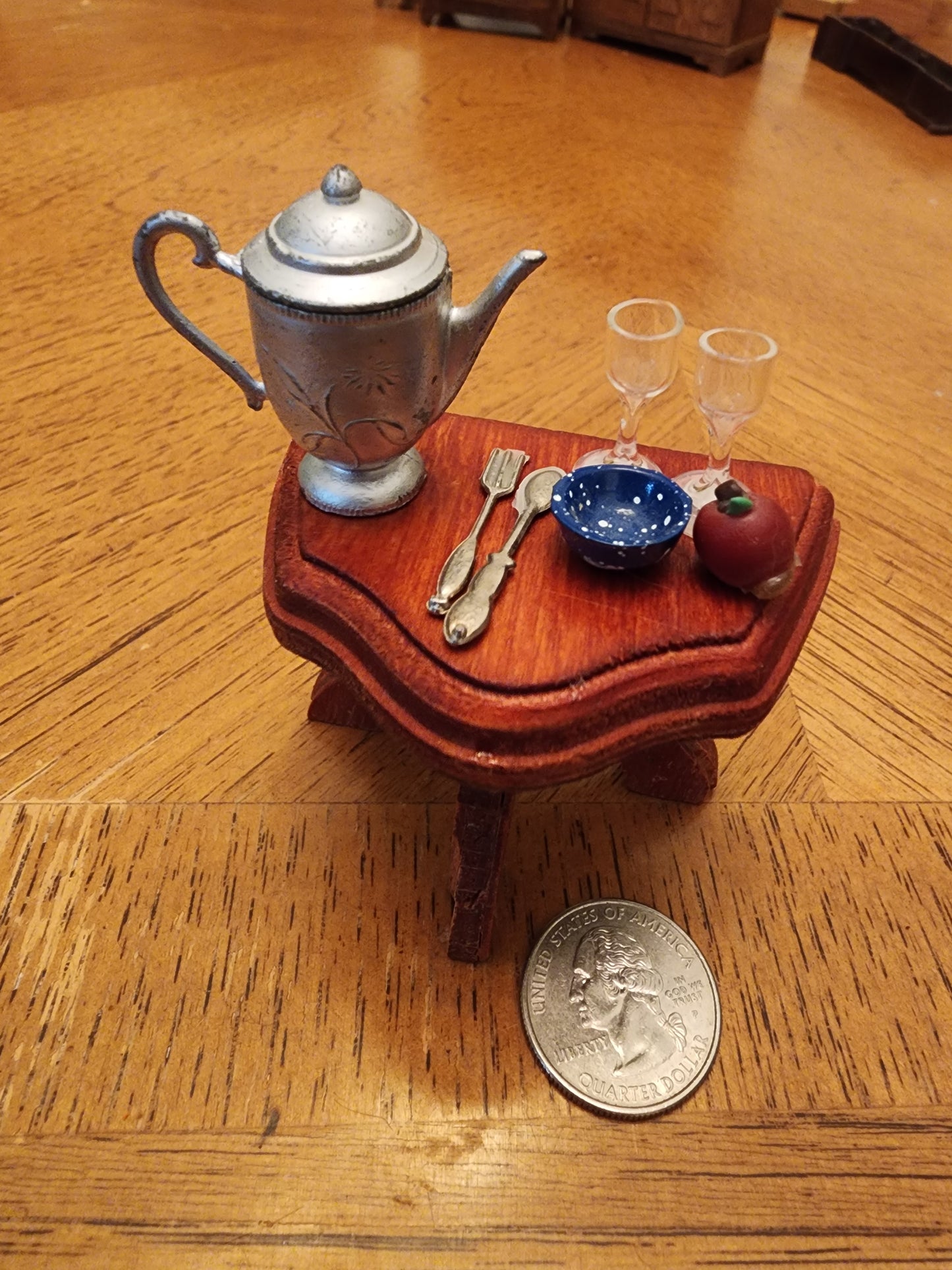 Vintage Wooden Side Table & metal tea pot wine glasses and more for dollhouse