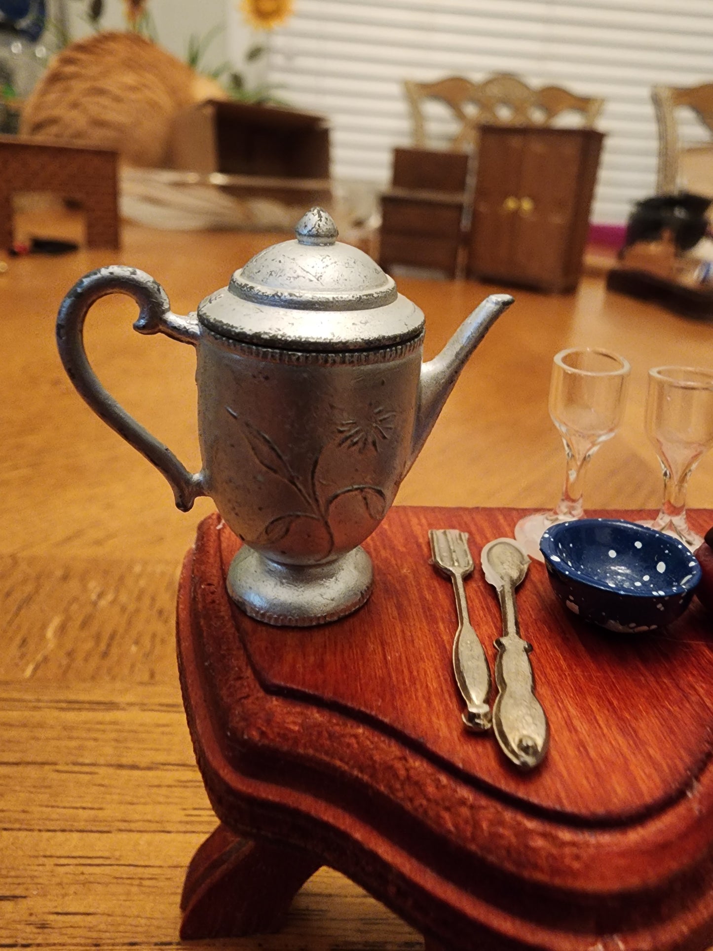 Vintage Wooden Side Table & metal tea pot wine glasses and more for dollhouse