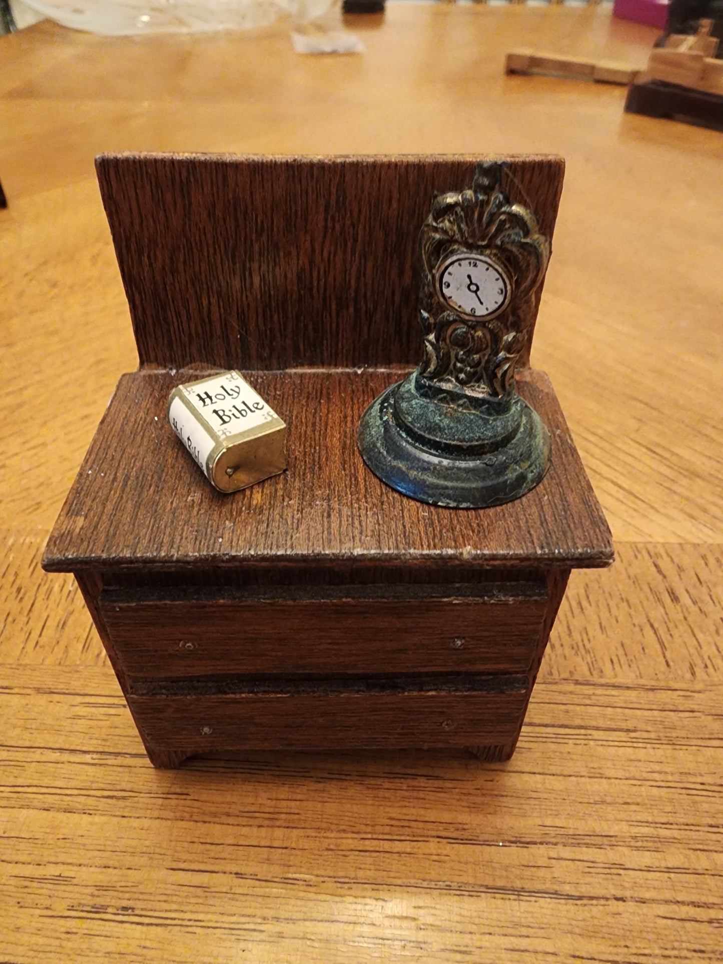 Vintage Dollhouse Wooden dresser with clock & Bible..